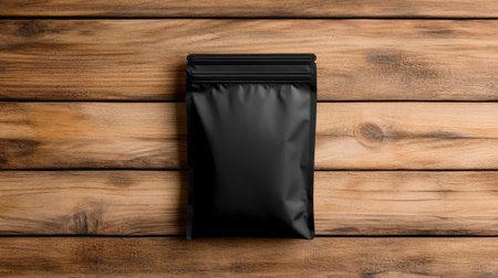 A sleek black packaging bag is placed on a rustic wooden table, perfect for showcasing products or designs. Ideal for minimalistic branding and photography.の素材