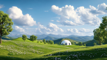A stunning serene landscape showcasing rolling hills, distant mountains, and a clear blue sky dotted with fluffy clouds. Perfect for nature lovers.の素材