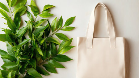 A chic white tote bag rests next to vibrant green leaves, showcasing modern minimalism. Ideal for eco-friendly fashion and stylish designs in decor.の素材