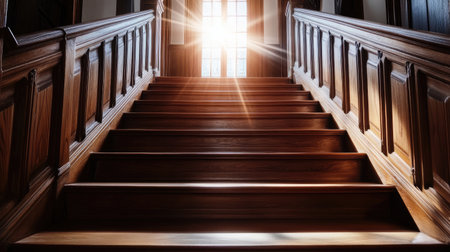 A stunning wooden staircase illuminated by sunlight streaming through a window, creating a warm and inviting atmosphere, perfect for interior design inspiration.の素材