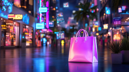 A stylish handbag rests in a vibrant urban night scene, surrounded by glowing neon lights and digital displays, capturing the essence of modern shopping experiences.の素材