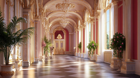 An exquisite hallway showcasing golden accents, lush plants, and abundant natural light, creating an atmosphere of luxury and elegance for interior design inspiration.の素材