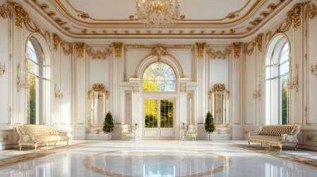 Experience the beauty of an elegant grand hall, featuring luxurious decor, ornate details, and a bright, inviting ambiance. Perfect for showcasing opulence.の素材