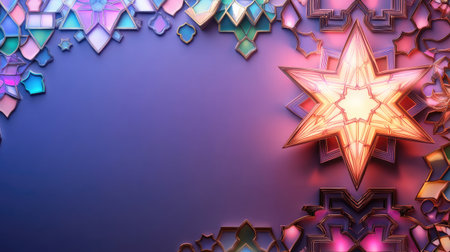 This image features a vibrant colored star surrounded by intricate geometric patterns on a smooth gradient background, ideal for creative projects and festive designs.の素材