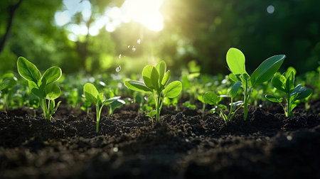 A vibrant image of green seedlings sprouting in rich soil, illuminated by warm sunlight. This scene symbolizes growth, renewal, and connection to nature.の素材