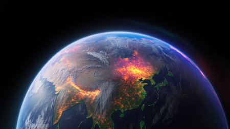 Stunning satellite imagery of Earth focusing on Asia at night, showcasing vibrant lights and urban landscapes. Explore the beauty of our planet from space.の素材