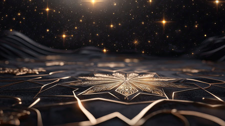 A stunning close-up view of a golden star pattern intricately designed on a dark surface, surrounded by a sparkling starry backdrop, creating an enchanting ambiance.の素材
