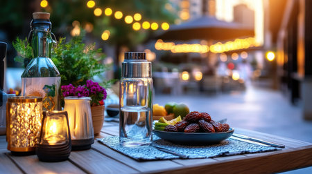 A serene outdoor dining scene featuring glasses of water, fresh fruits, and warm candles, creating a cozy ambiance perfect for summer evenings with friends.の素材