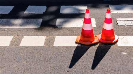 Two bright traffic cones stand on an urban roadway near a pedestrian crosswalk, casting shadows on the asphalt, indicating a construction or safety zone.の素材