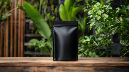 A sleek black packaging bag stands on a wooden table amidst vibrant green plants, creating an eye-catching contrast that highlights product elegance. Perfect for showcasing items in a natural setting.の素材
