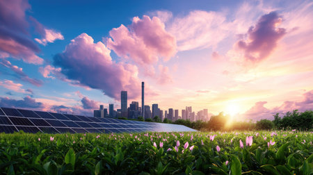 A stunning sunset casts a warm glow over a vibrant city skyline, with solar panels in the foreground and blooming flowers, showcasing nature and technology harmoniously.の素材