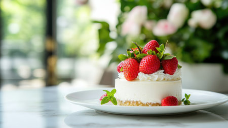 This delightful strawberry cake features whipped cream and fresh strawberries, beautifully presented on a marble table, perfect for summer gatherings or celebrations.の素材