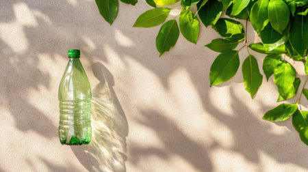A transparent green plastic bottle is set against a light gray wall, surrounded by delicate green leaves, creating a serene and eco-conscious atmosphere.の素材