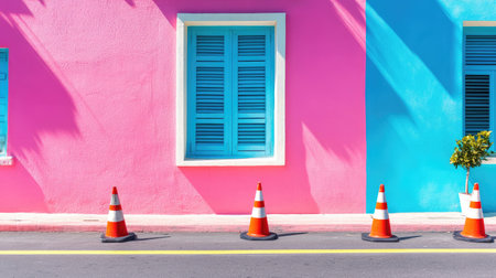 A vibrant urban scene featuring bright pink and blue walls with road cones in the foreground. The colorful windows create a striking contrast, enhancing the visual appeal.の素材