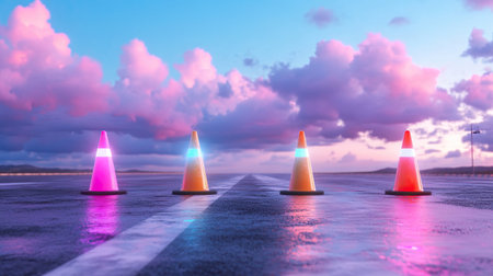 This stock photo showcases vivid traffic cones aligned on a wet road during a stunning sunset, surrounded by colorful clouds, creating a vibrant outdoor scene.の素材