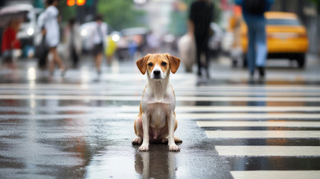 A beagle dog sits alone on a wet urban street crossing, creating a poignant moment amid city life. The rain-soaked pavement reflects the surrounding activity.の素材