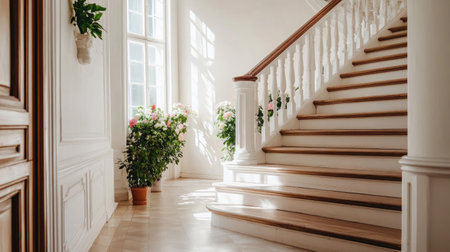A bright and elegant interior featuring a wooden staircase, stylish plants, and abundant natural light. A perfect blend of comfort and sophistication in residential design.の素材