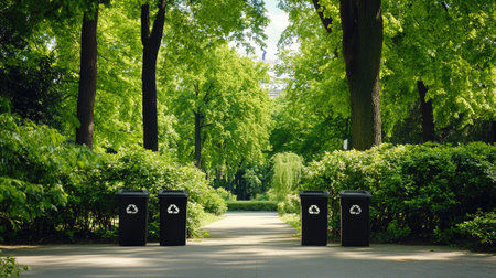 A serene park path lined with lush greenery and recycling bins, showcasing a commitment to sustainability and environmental care in an urban environment.の素材