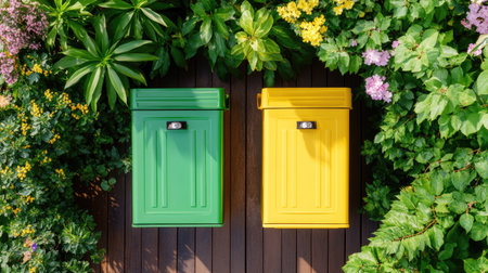 Two colorful mailboxes, one green and one yellow, sit amidst vibrant flowers and lush greenery. This inviting scene evokes a sense of charm and tranquility.の素材