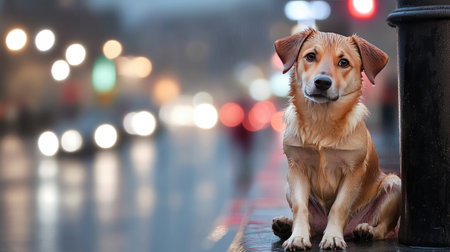 A loyal dog sits calmly on a wet street amidst blurred city lights. The scene captures the beauty and emotion of urban life, highlighting companionship.の素材