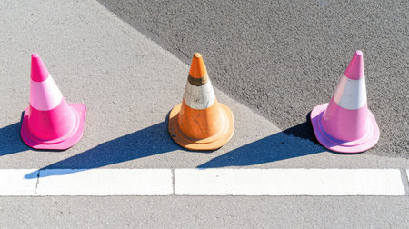 Three colorful traffic cones, including pink and orange, stand on a sunlit asphalt surface, casting distinct shadows and creating a vibrant urban scene.の素材