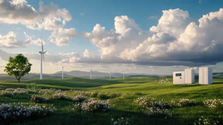 This image captures a peaceful renewable energy landscape featuring wind turbines, vibrant green fields, and a clear blue sky, embodying sustainability and harmony.の素材
