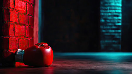 A vibrant red boxing glove rests against a textured brick wall, illuminated by dramatic lighting. This image captures the essence of training, strength, and determination in a boxing environment.の素材