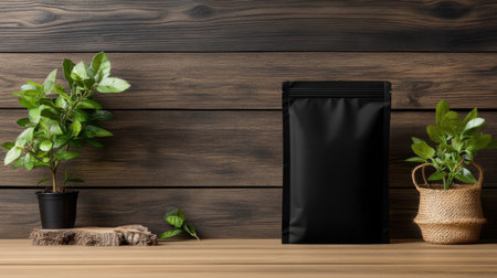 A sleek black packaging bag rests on a wooden table, surrounded by vibrant green plants. This minimalist scene creates a perfect backdrop for product display and branding.の素材