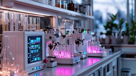Modern laboratory filled with advanced equipment, colorful glassware, and high-tech monitors, showcasing the innovative spirit of scientific research in an engaging environment.の素材
