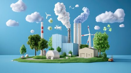 A vibrant industrial landscape showcases the contrast between factories and renewable energy sources, emphasizing the importance of a sustainable and eco-friendly future.の素材
