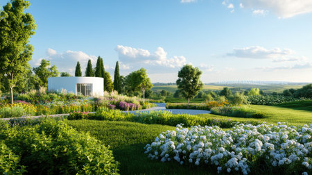Explore a serene garden landscape showcasing vibrant flowers, lush greenery, and a modern white structure, capturing the essence of tranquility and nature.の素材
