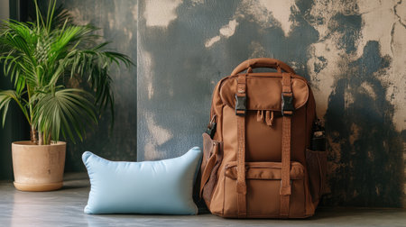 A stylish brown backpack stands next to a blue pillow, creating a cozy scene against a rustic wall. Ideal for showcasing comfort and modern design elements in interior spaces.の素材