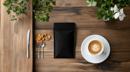 Charming flat lay of black packaging with coffee, snacks, and greenery. Ideal for cozy morning routines or culinary inspirations, this composition exudes warmth.の素材