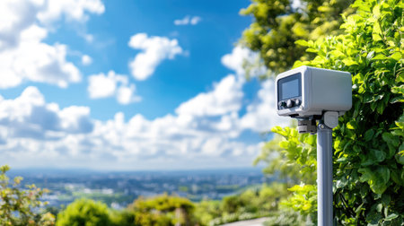 A weather monitoring device stands prominently against a stunning sky and landscape backdrop, showcasing technology blending with nature. Perfect for environmental studies.の素材
