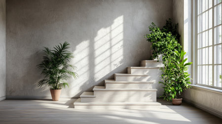 A serene indoor setting featuring minimalist stairs and vibrant greenery. Sunlight casts soft shadows, creating a tranquil atmosphere perfect for relaxation or inspiration.の素材