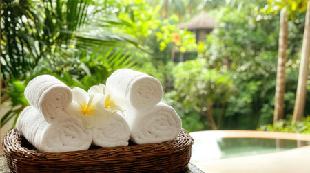 A calming arrangement of fresh white towels and frangipani flowers in a tranquil spa setting, surrounded by lush greenery, embodying relaxation and wellness.の素材