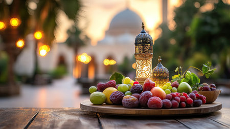 A beautiful spread of assorted fruits on a wooden table, enhanced by decorative lanterns during sunset, creating a warm, inviting atmosphere perfect for gatherings.の素材