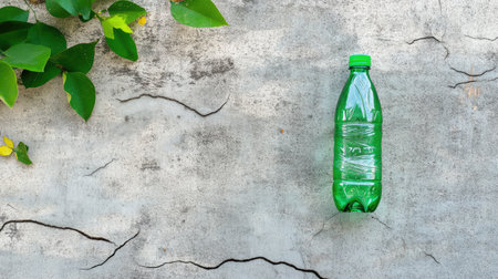 A green plastic bottle sits against a cracked concrete surface, flanked by vibrant leaves. This image highlights the contrast between waste and nature, illustrating environmental concerns.の素材