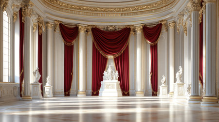 This luxurious grand hall features rich red drapery, elegant statues, and intricate architectural details, creating an ambiance of opulence and beauty.の素材