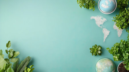 A serene flat lay of a globe and lush green plants on a teal background. Ideal for eco-friendly themes, travel or nature-inspired designs.の素材