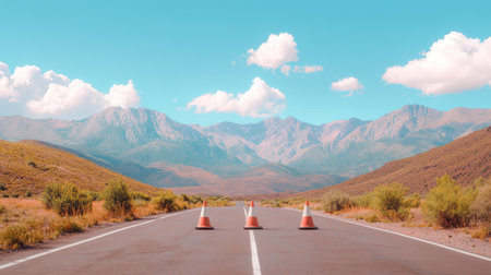 A picturesque scene of a roadblock marked by traffic cones set against a stunning mountainous backdrop, highlighting the beauty of nature and adventure.の素材