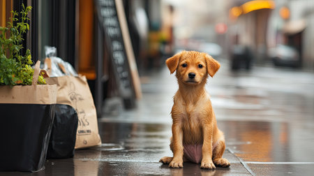 A charming golden puppy sits on a wet sidewalk, showcasing its playful spirit and innocence amidst an urban backdrop. Perfect for pet lovers!の素材