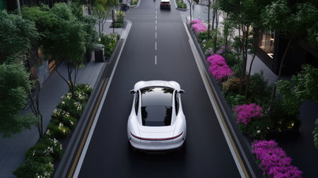 A sleek modern electric vehicle navigates an urban street lined with vibrant flowers and lush greenery, showcasing a harmonious blend of nature and technology.の素材