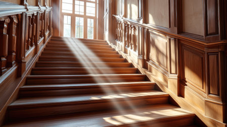 A beautifully crafted wooden staircase bathed in sunlight, showcasing warm tones and intricate detailing, perfect for luxury home interiors and design inspiration.の素材