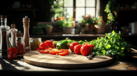 A charming kitchen scene featuring fresh vegetables on a wooden cutting board. Perfect for highlighting vibrant ingredients and cooking inspiration.の素材