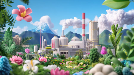 A stunning visual of an industrial factory set against a backdrop of vibrant flowers and majestic mountains, illustrating the balance between nature and industry.の素材