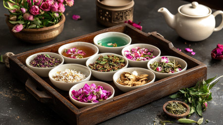A beautifully arranged tray showcases various herbal tea ingredients, featuring colorful flower petals and aromatic herbs, perfect for wellness and culinary aesthetics.の素材