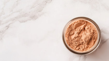 A close-up view of natural makeup powder in a transparent jar on a marble surface, showcasing the fine texture and elegant presentation ideal for beauty enthusiasts.の素材