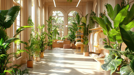 A serene indoor space adorned with vibrant green plants, enhancing the bright atmosphere. Sunlight filters through large windows, creating a peaceful setting.の素材
