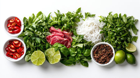 This vibrant arrangement of fresh ingredients showcases a variety of herbs, spices, and vegetables perfect for Asian cuisine. Ideal for culinary inspiration!の素材